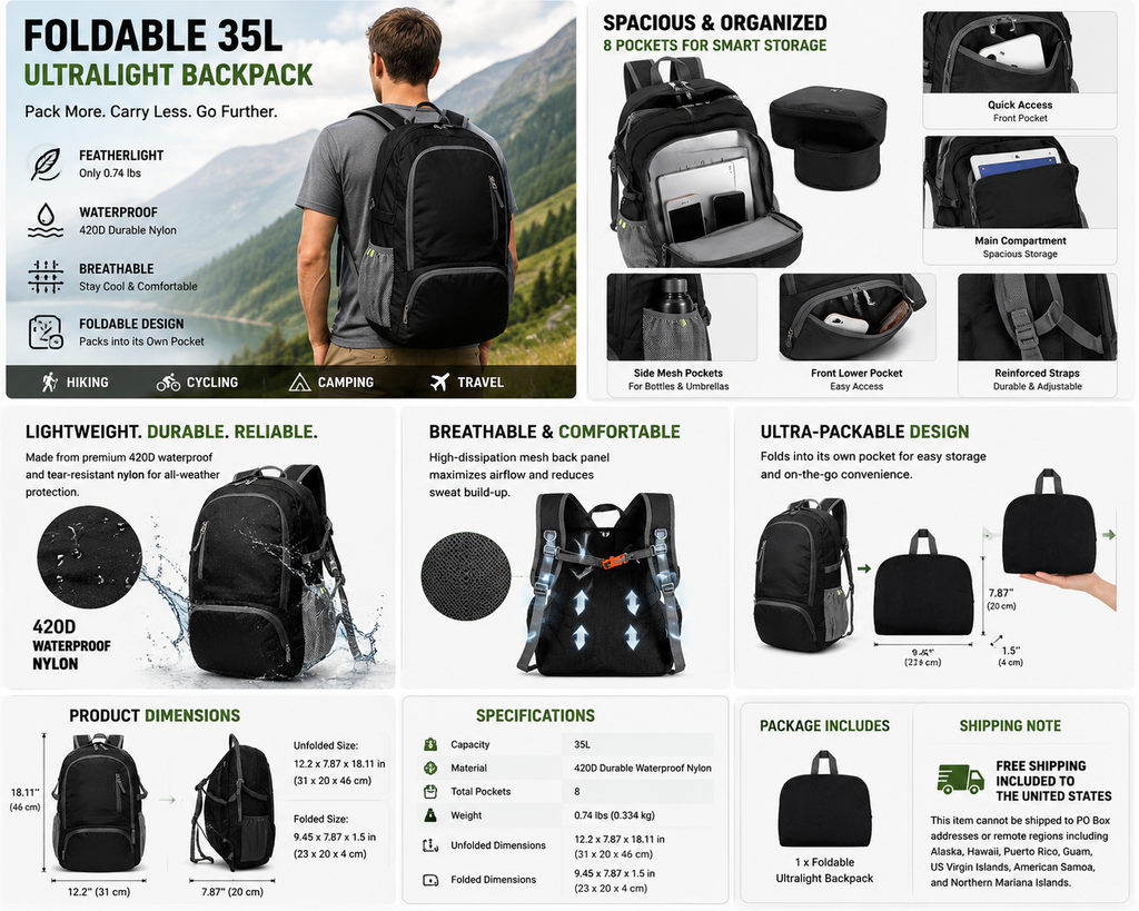 Foldable 35L Ultralight Backpack - Waterproof & Tear-Resistant Packable Travel Daypack for Hiking, Camping & Cycling