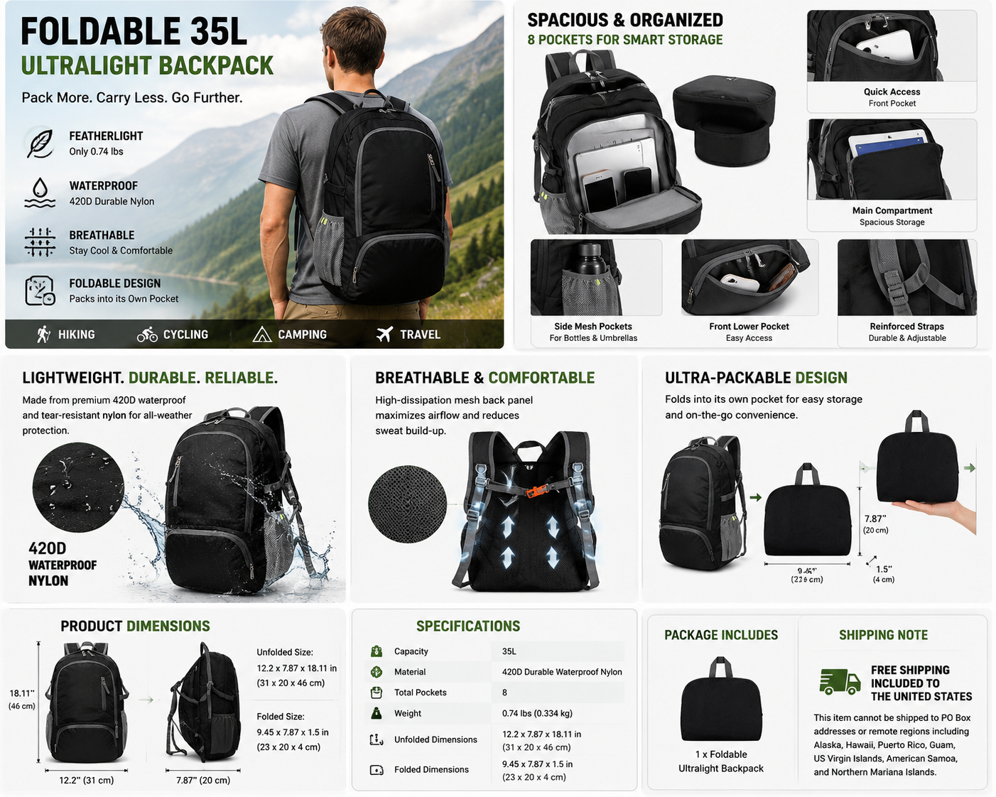 Foldable 35L Ultralight Backpack - Waterproof & Tear-Resistant Packable Travel Daypack for Hiking, Camping & Cycling