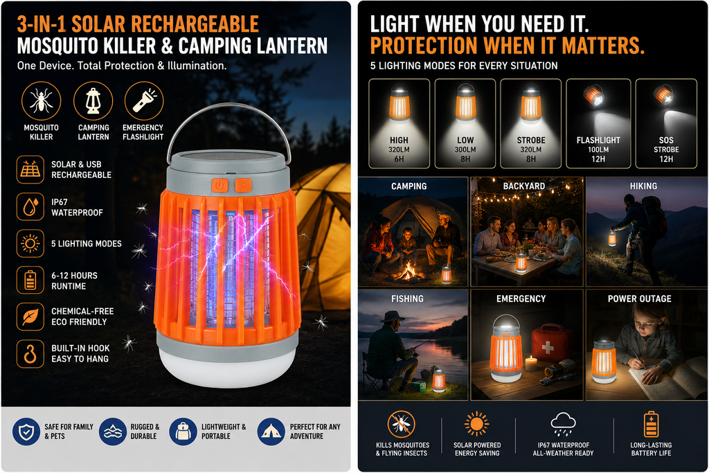 3-in-1 Solar Rechargeable Mosquito Killer & Camping Lantern - Waterproof Electronic Bug Zapper & Emergency Flashlight
