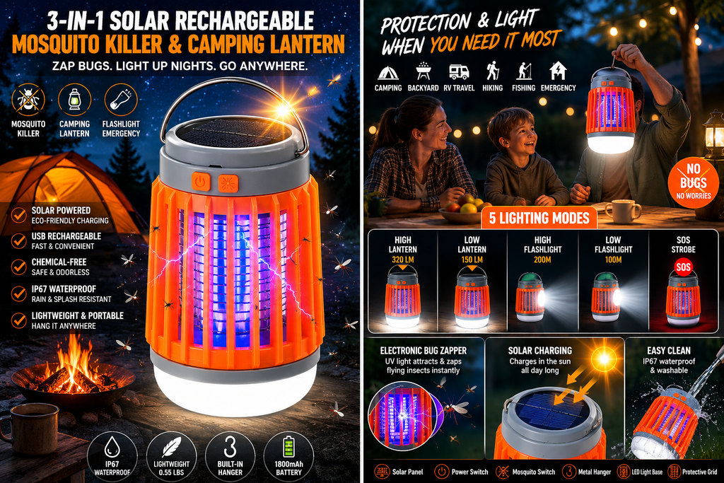 3-in-1 Solar Rechargeable Mosquito Killer & Camping Lantern - Waterproof Electronic Bug Zapper & Emergency Flashlight
