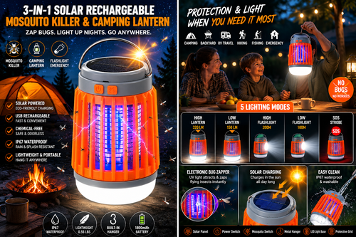 3-in-1 Solar Rechargeable Mosquito Killer & Camping Lantern - Waterproof Electronic Bug Zapper & Emergency Flashlight