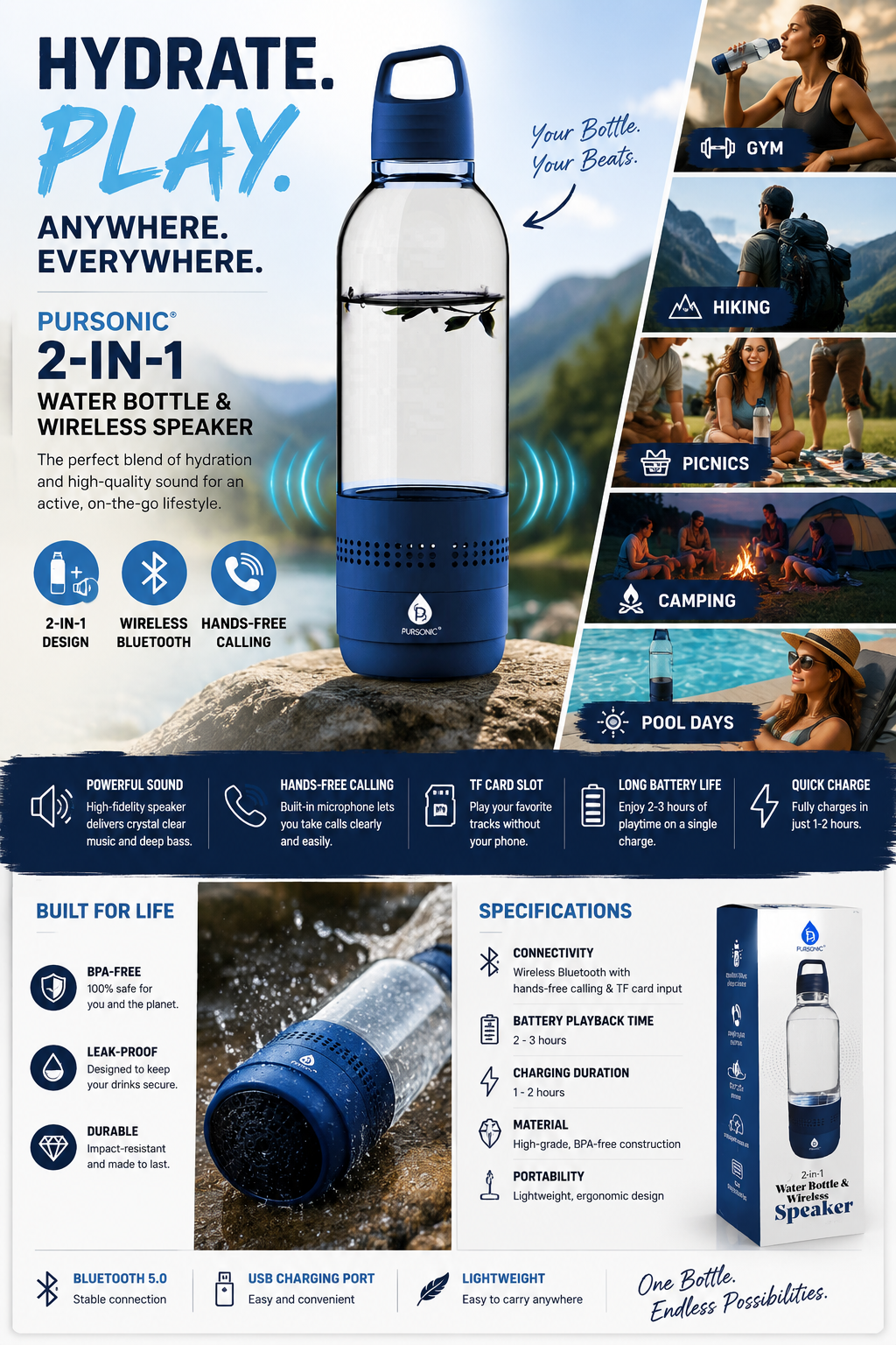 Pursonic 2-in-1 Smart Water Bottle with Built-In Bluetooth Speaker - BPA-Free Portable Sports Bottle