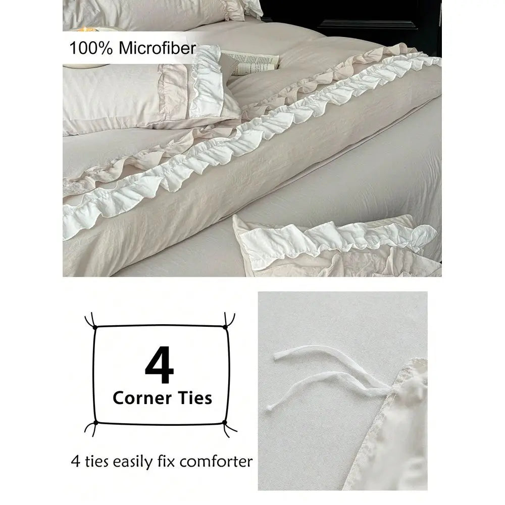 3Pcs Beige Washed Polyester Bedding Set with Ruffled Lace, Queen Size Soft Breathable All Seasons Duvet Cover Set
