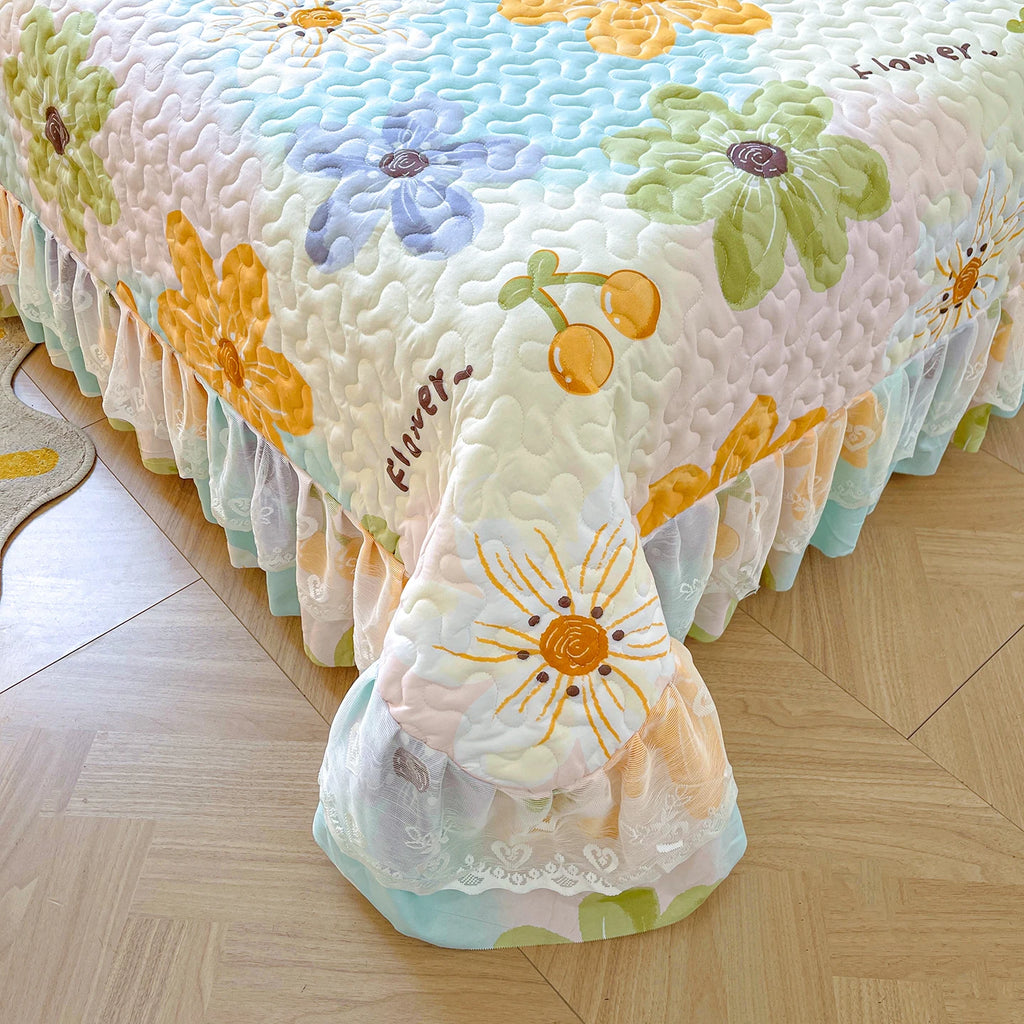 1pc Quilted Bedspread with Lace Ruffles Flower Printed Thickened Blanket Single/Queen/King Quilted Bed Cover Soft Bedspreads Bed