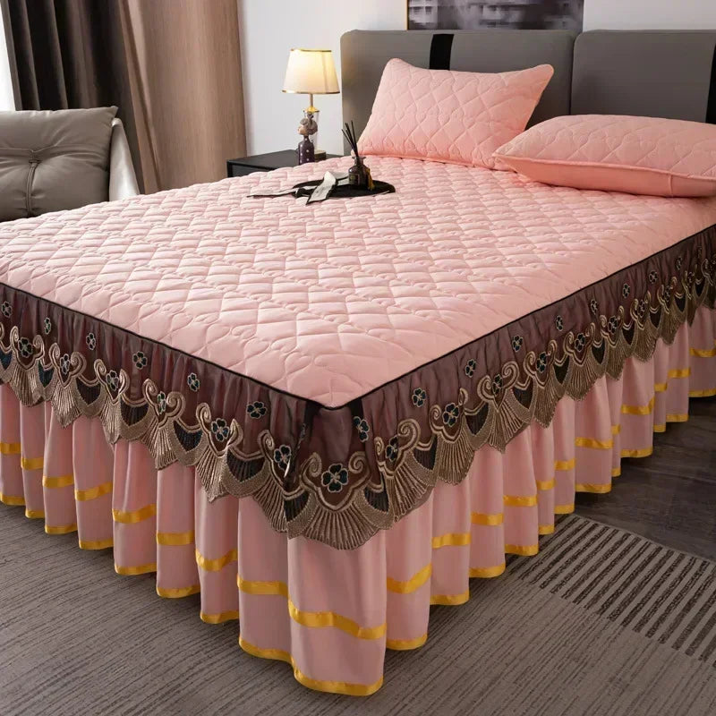 Gold Embroidered Lace Bed Skirt - Quilted Thick Anti-Slip Bedspread