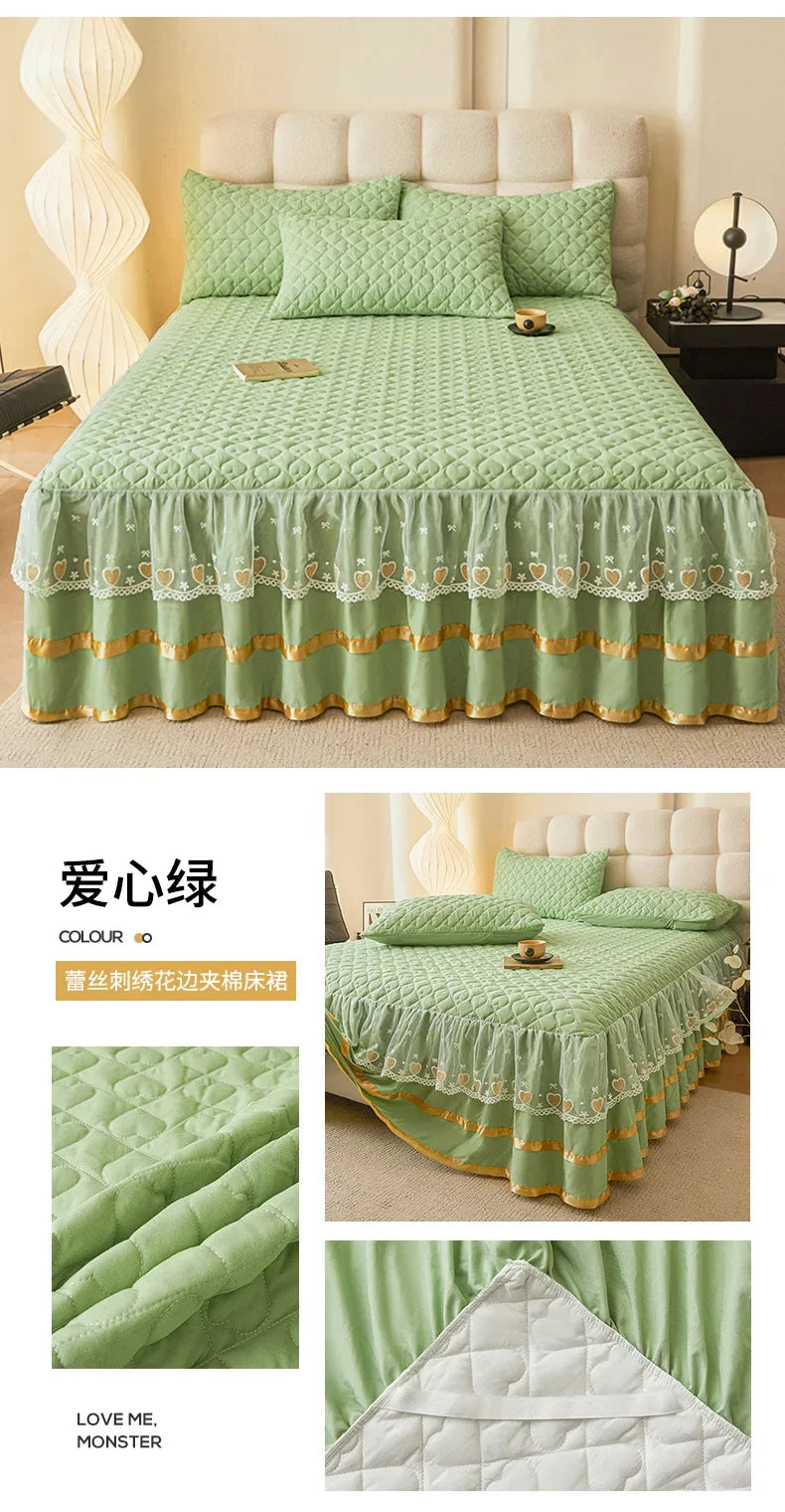 Cloud Cotton Embroidered Lace Bed Skirt - Quilted Padded Princess Bedspread