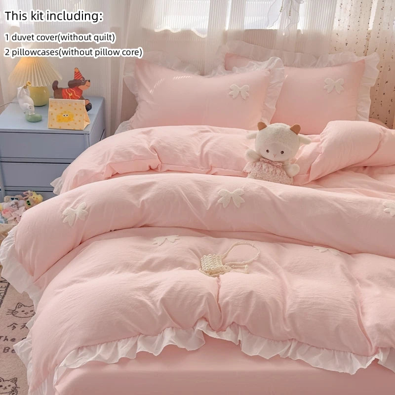 Pink Bowknot Embroidery Bedding Set - Premium Soft Twill Quilt Set