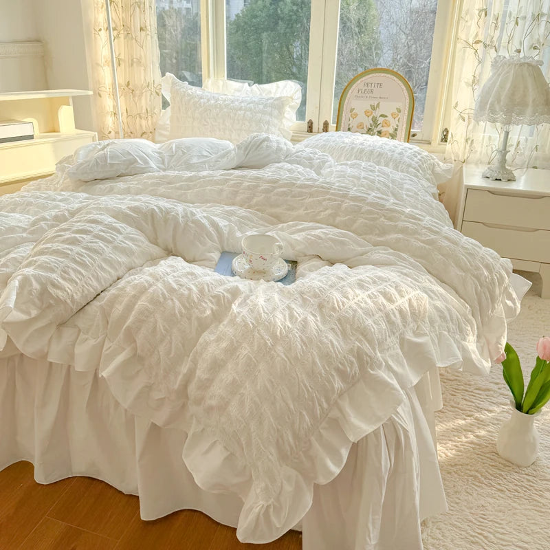 Elegant Lace Ruffle Seersucker Bedding Set - Soft Princess Style Duvet Cover