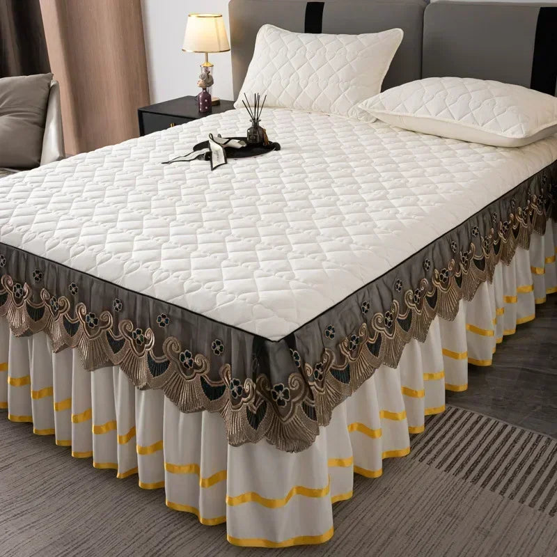 Gold Embroidered Lace Bed Skirt - Quilted Thick Anti-Slip Bedspread