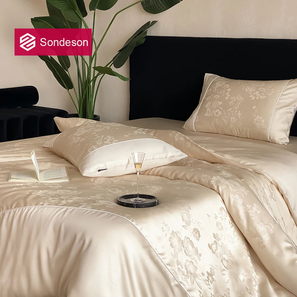 Sondeson Luxury 100% Mulberry Silk Jacquard Bedding Set - Ultra-Soft & Breathable 4-Piece Sheet & Duvet Cover Set