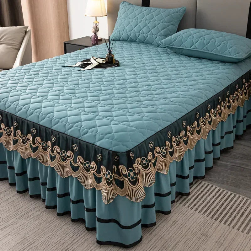 Gold Embroidered Lace Bed Skirt - Quilted Thick Anti-Slip Bedspread