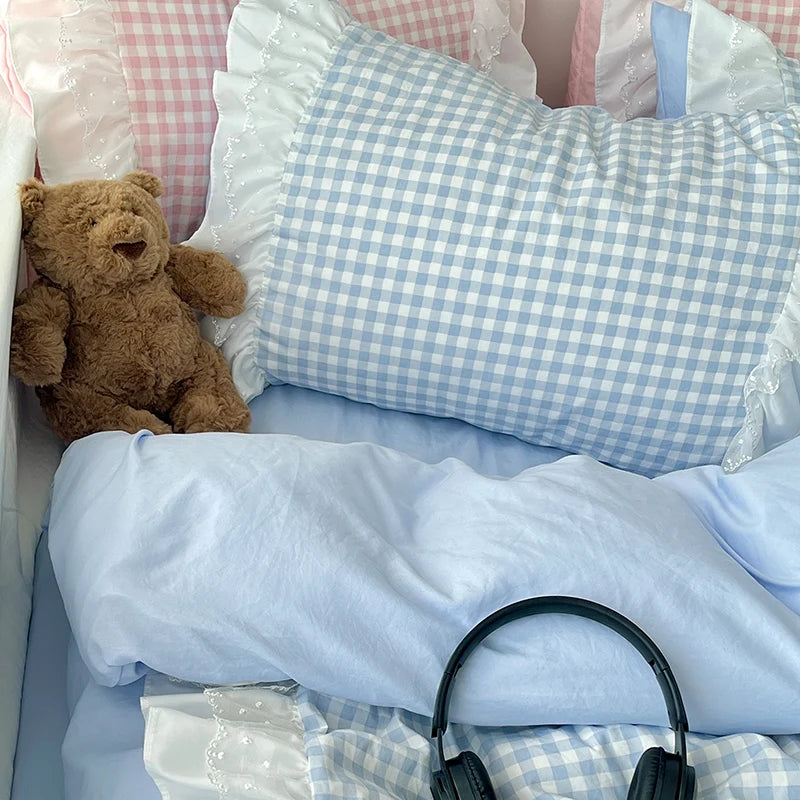 Pink Plaid Ruffle Bedding Set - Comfortable All-Season Duvet Cover