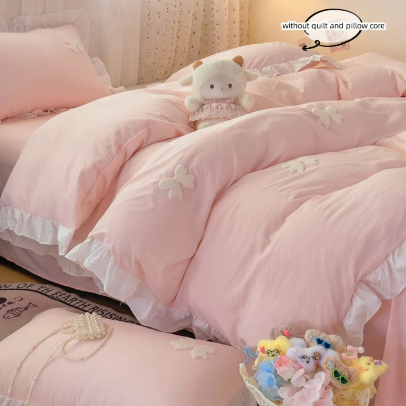 Pink Bowknot Embroidery Bedding Set - Premium Soft Twill Quilt Set