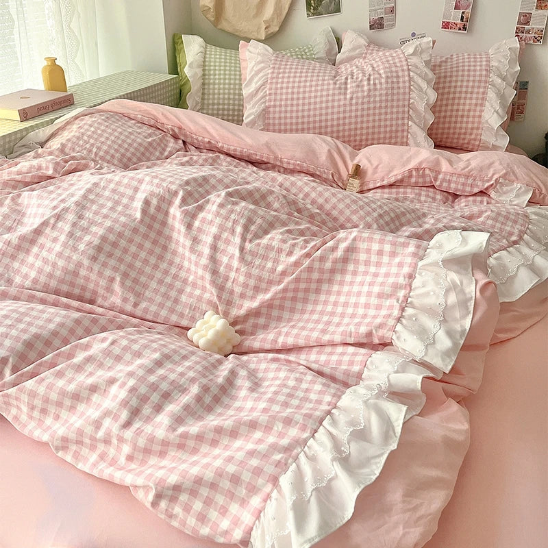 Pink Plaid Ruffle Bedding Set - Comfortable All-Season Duvet Cover