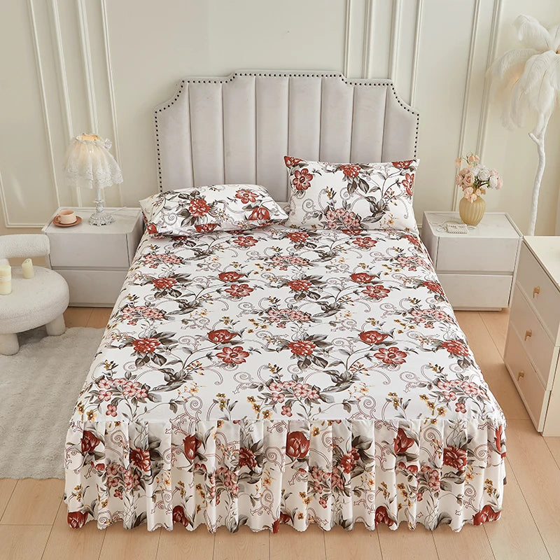 Floral Ruffle Bed Skirt Set - Soft Bedspread with Matching Pillowcases