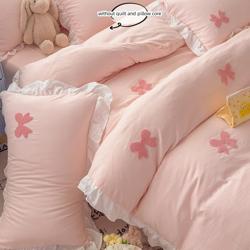 Pink Bowknot Embroidery Bedding Set - Premium Soft Twill Quilt Set