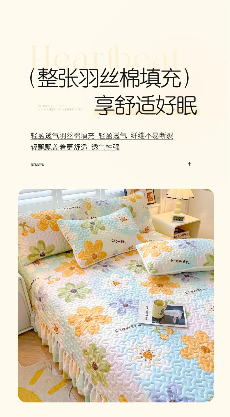 1pc Quilted Bedspread with Lace Ruffles Flower Printed Thickened Blanket Single/Queen/King Quilted Bed Cover Soft Bedspreads Bed