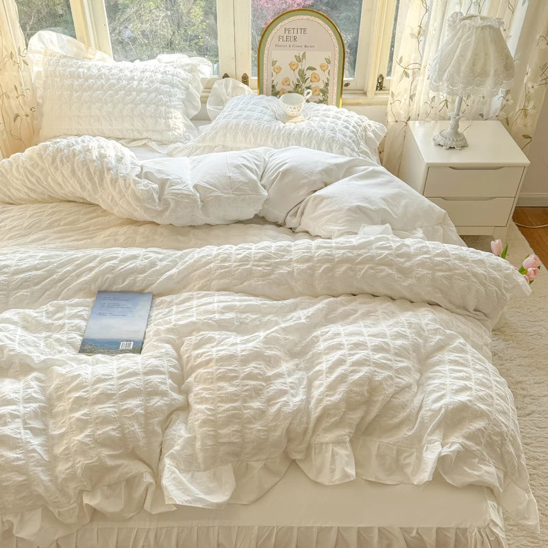 Elegant Lace Ruffle Seersucker Bedding Set - Soft Princess Style Duvet Cover