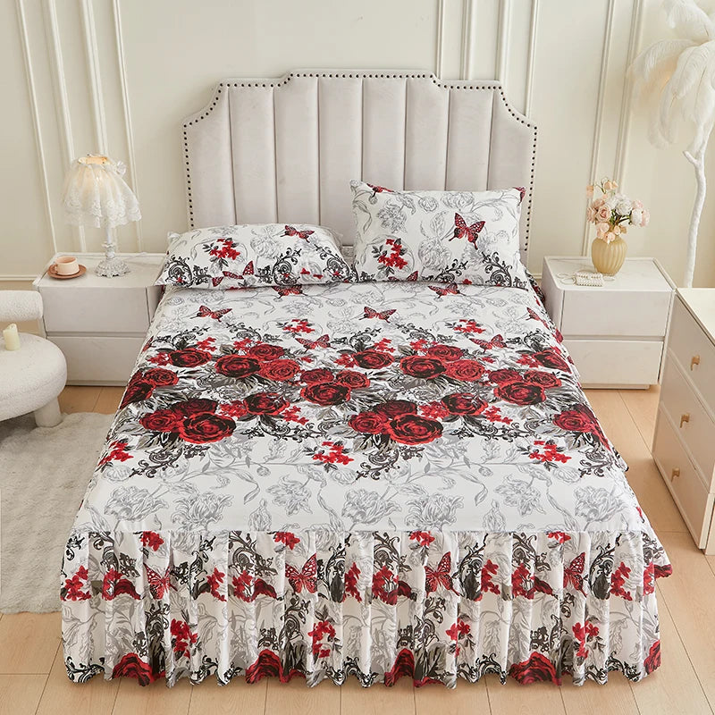 Floral Ruffle Bed Skirt Set - Soft Bedspread with Matching Pillowcases