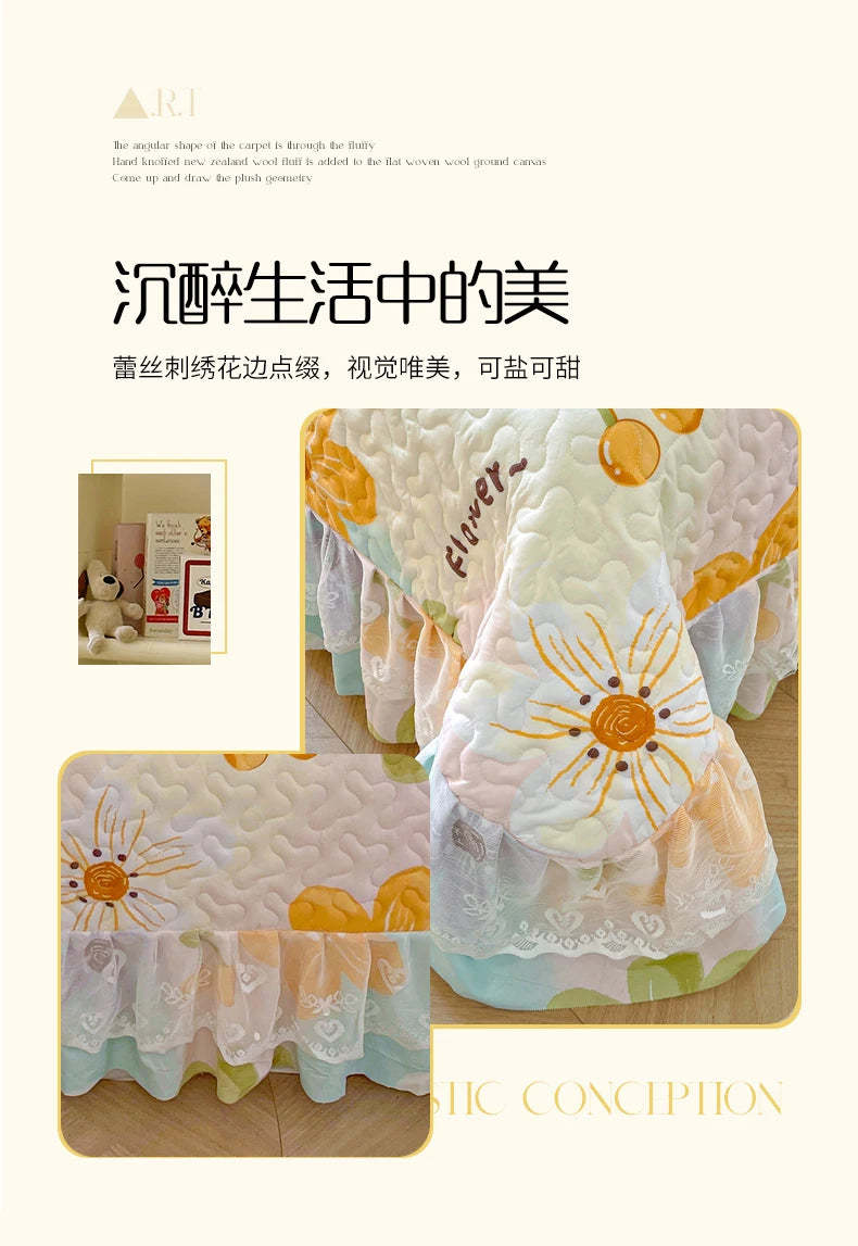 1pc Quilted Bedspread with Lace Ruffles Flower Printed Thickened Blanket Single/Queen/King Quilted Bed Cover Soft Bedspreads Bed