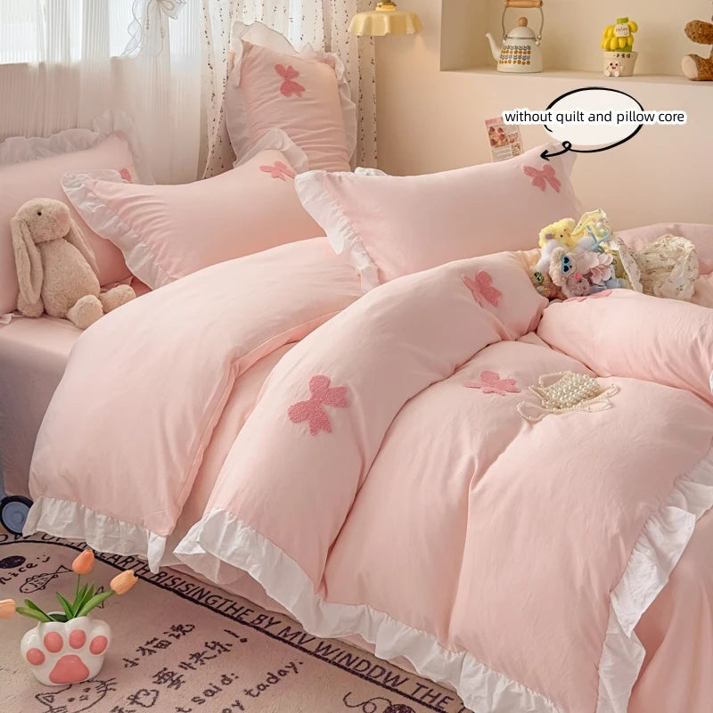 Pink Bowknot Embroidery Bedding Set - Premium Soft Twill Quilt Set