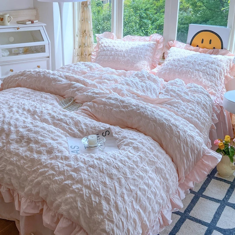 Elegant Lace Ruffle Seersucker Bedding Set - Soft Princess Style Duvet Cover