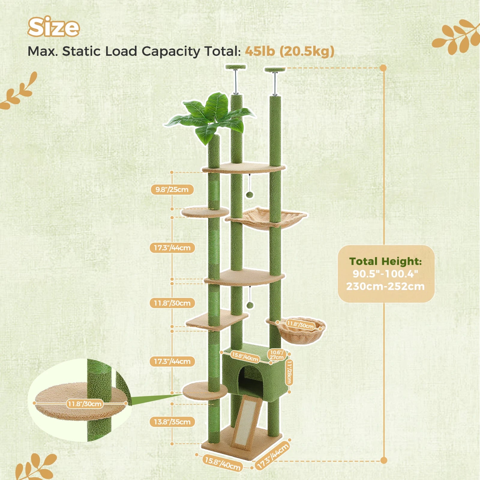 Height Adjustable Wooden Cat Tree with Large Hammock Sisal Scratching Posts Floor to Ceiling Cat Tower Cozy Cat Condo for Indoor