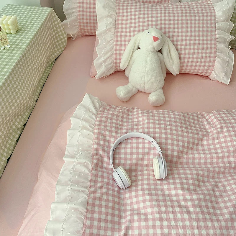 Pink Plaid Ruffle Bedding Set - Comfortable All-Season Duvet Cover