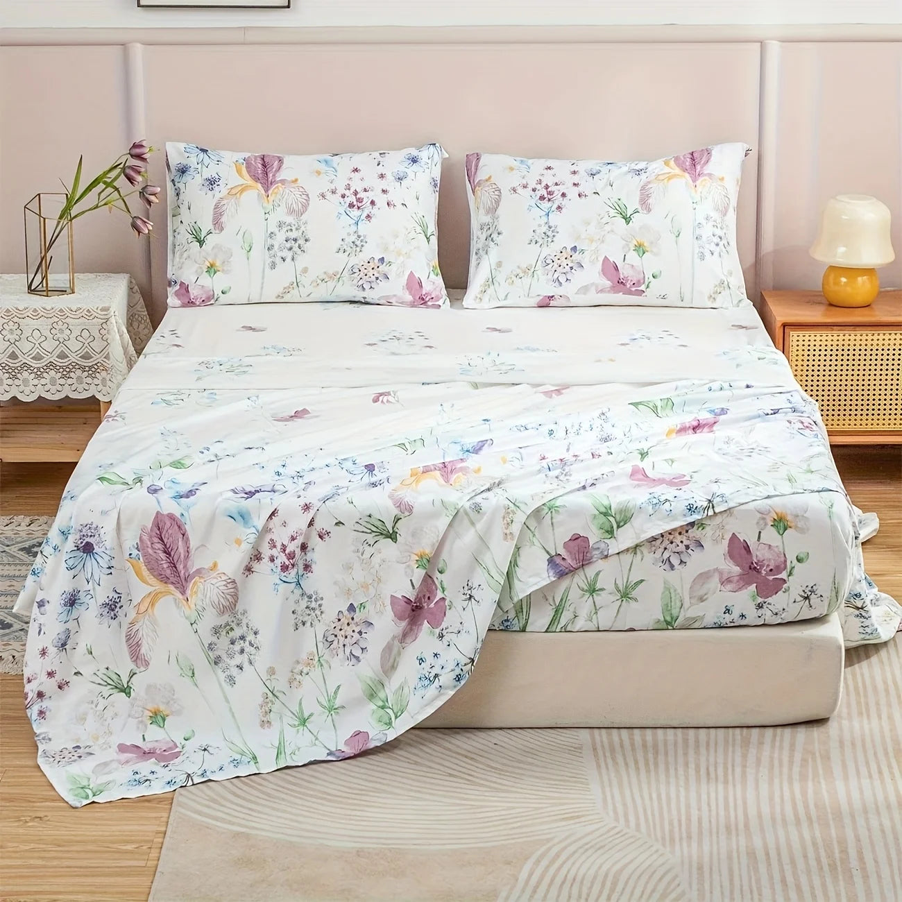 4-Piece Floral Print Bedding Set - Soft Microfiber Duvet Cover, Sheet & Pillowcases