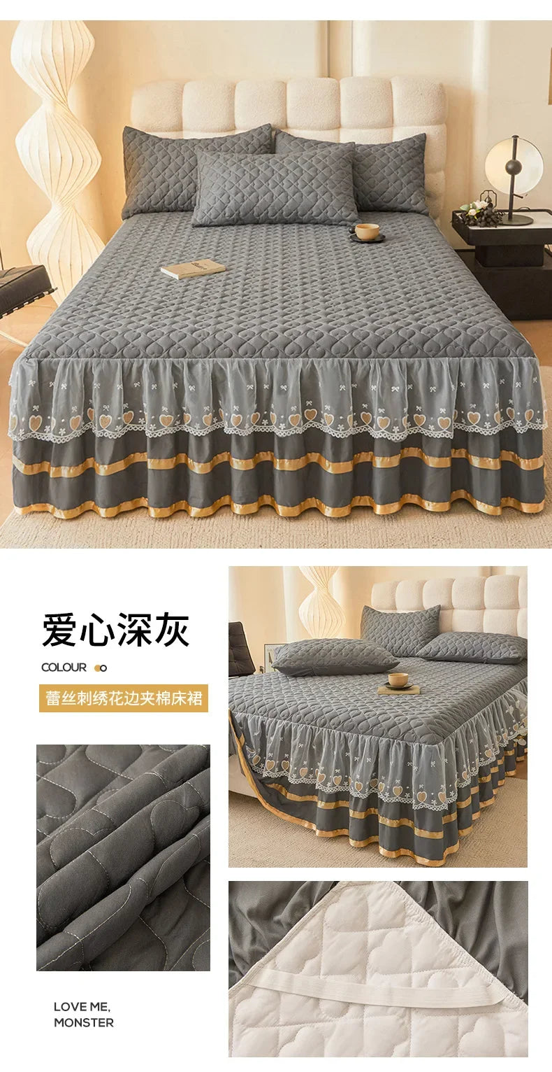 Cloud Cotton Embroidered Lace Bed Skirt - Quilted Padded Princess Bedspread