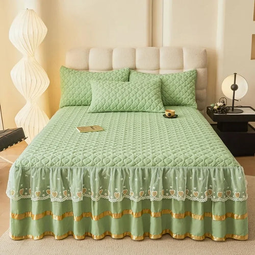 Cloud Cotton Embroidered Lace Bed Skirt - Quilted Padded Princess Bedspread