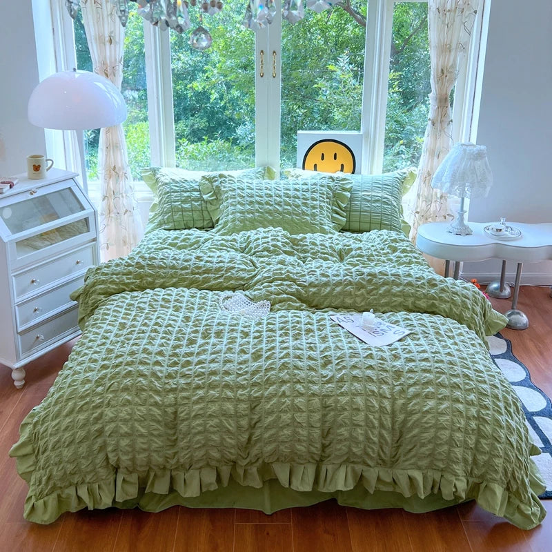 Elegant Lace Ruffle Seersucker Bedding Set - Soft Princess Style Duvet Cover