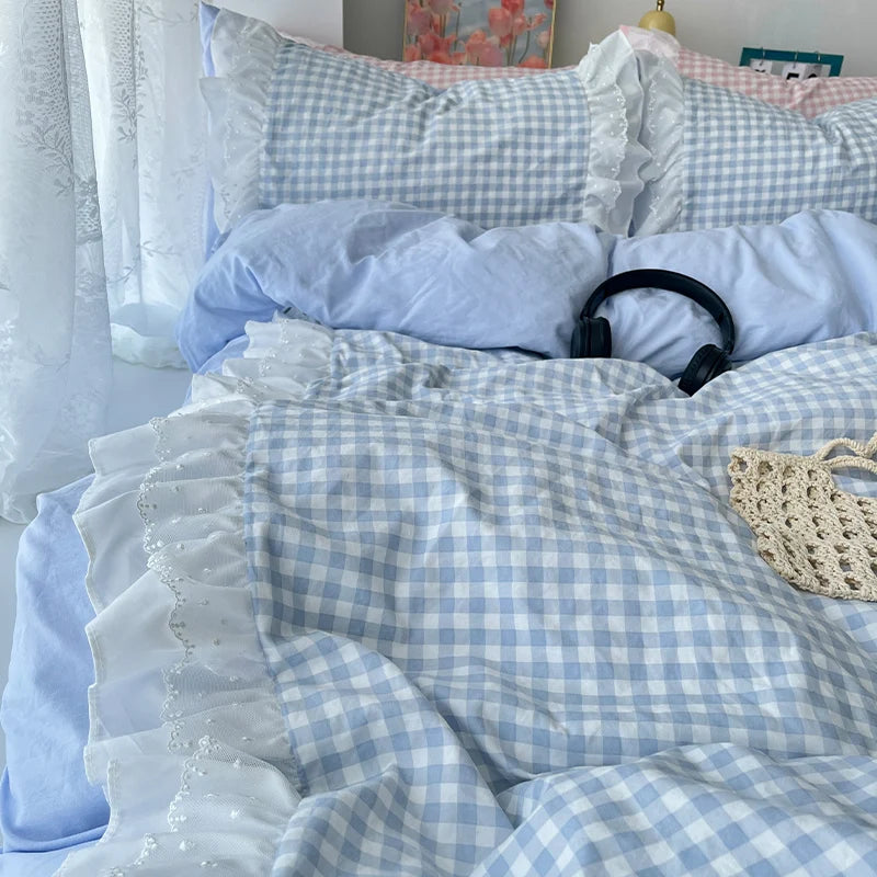 Pink Plaid Ruffle Bedding Set - Comfortable All-Season Duvet Cover