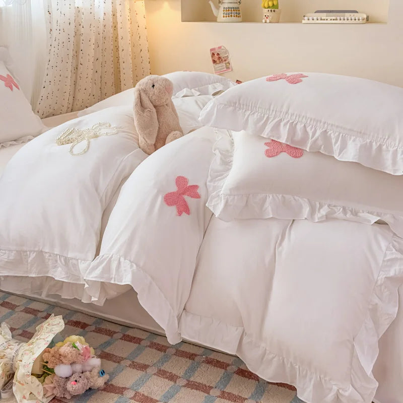 Pink Bowknot Embroidery Bedding Set - Premium Soft Twill Quilt Set