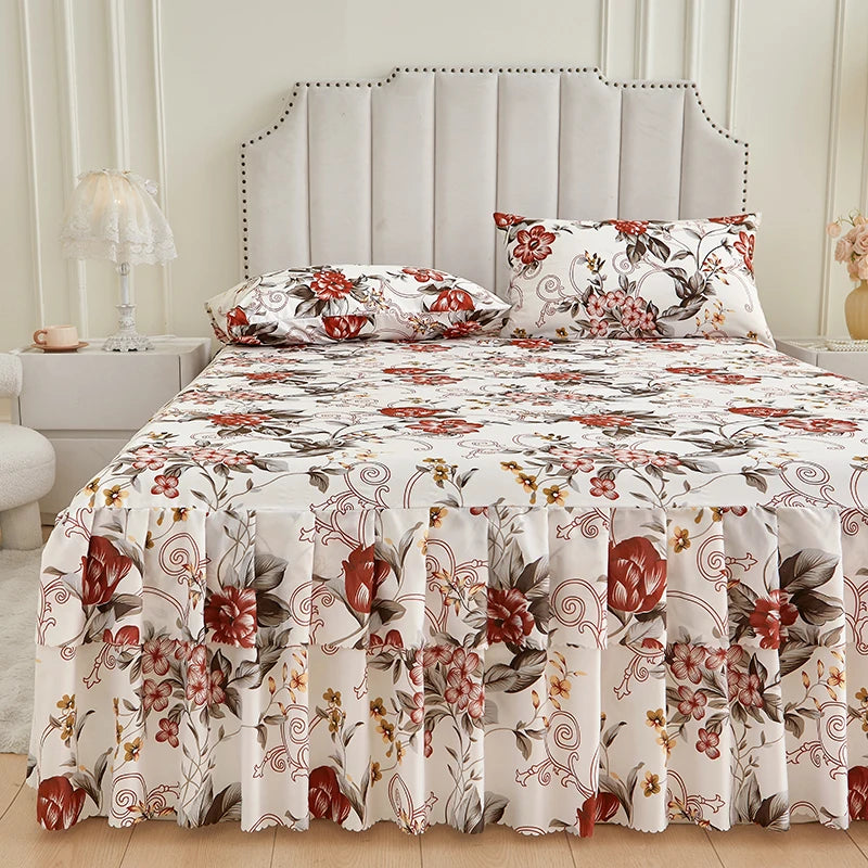 Floral Ruffle Bed Skirt Set - Soft Bedspread with Matching Pillowcases