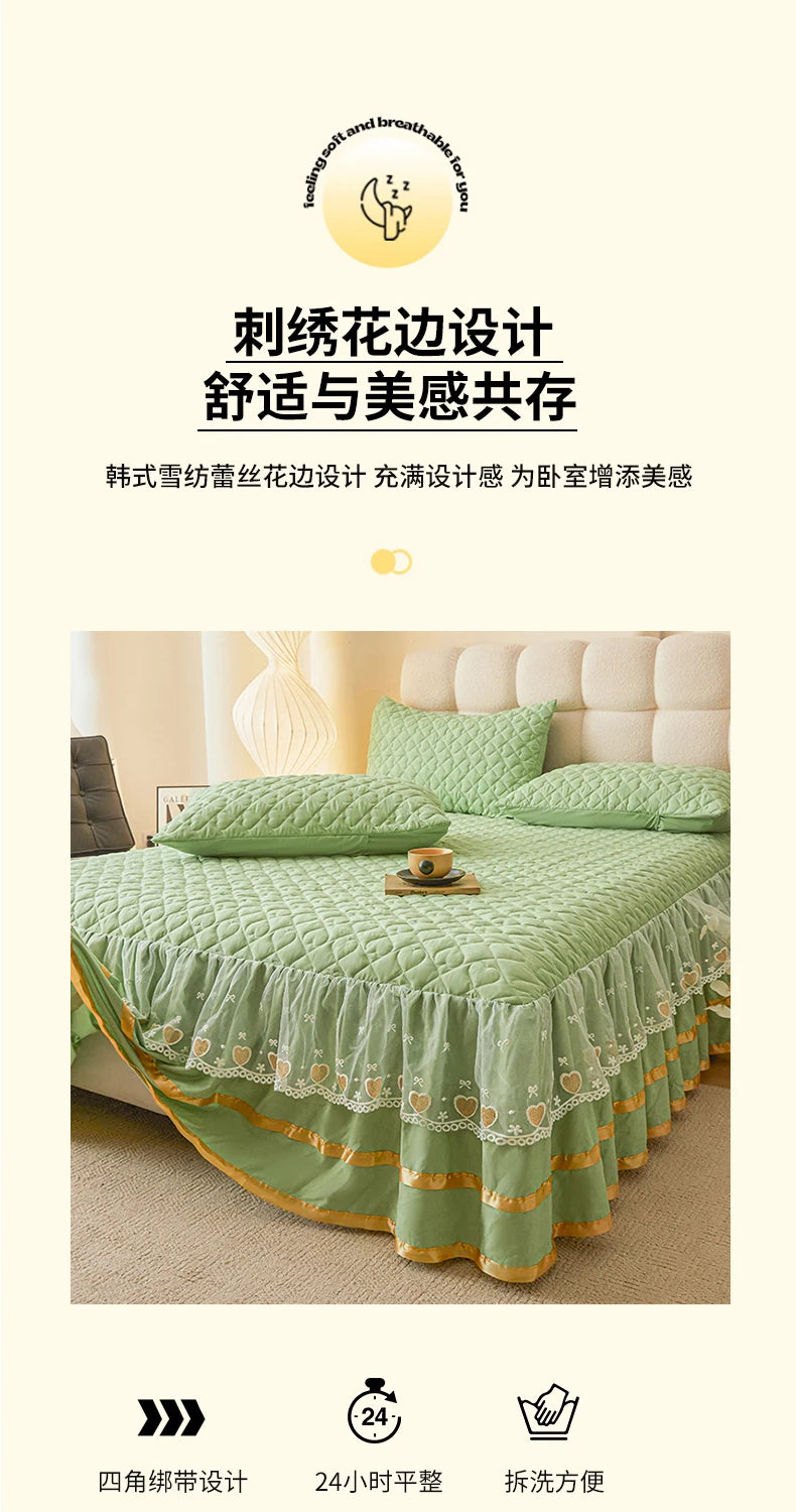 Cloud Cotton Embroidered Lace Bed Skirt - Quilted Padded Princess Bedspread
