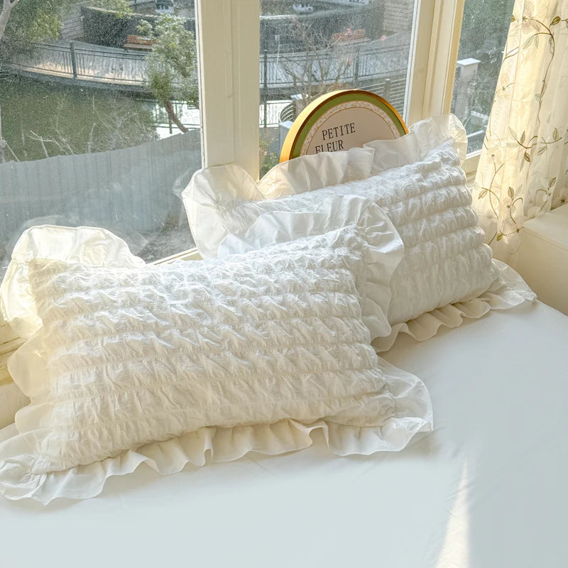 Elegant Lace Ruffle Seersucker Bedding Set - Soft Princess Style Duvet Cover