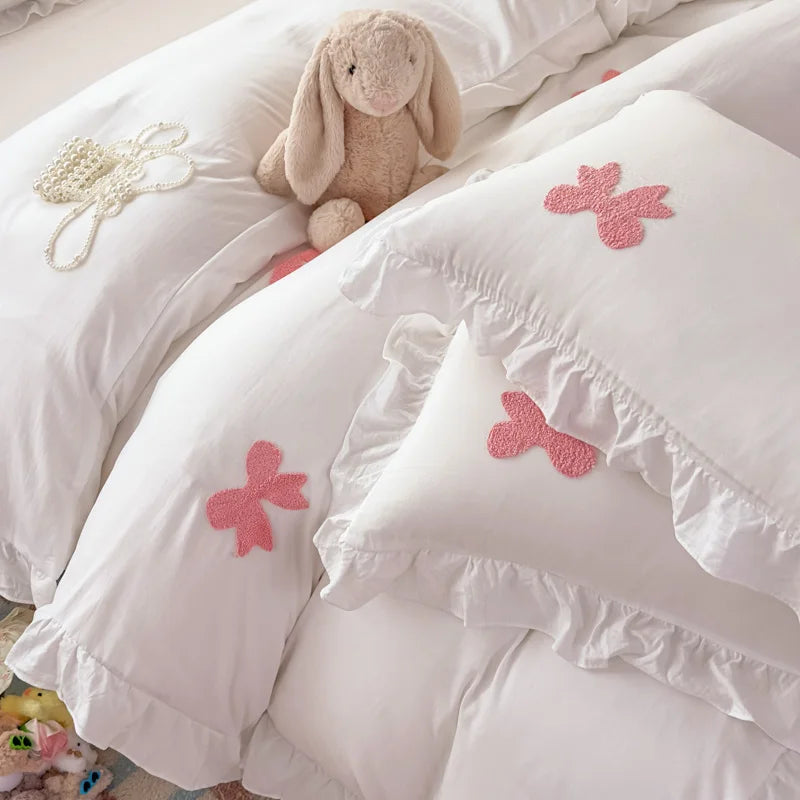 Pink Bowknot Embroidery Bedding Set - Premium Soft Twill Quilt Set
