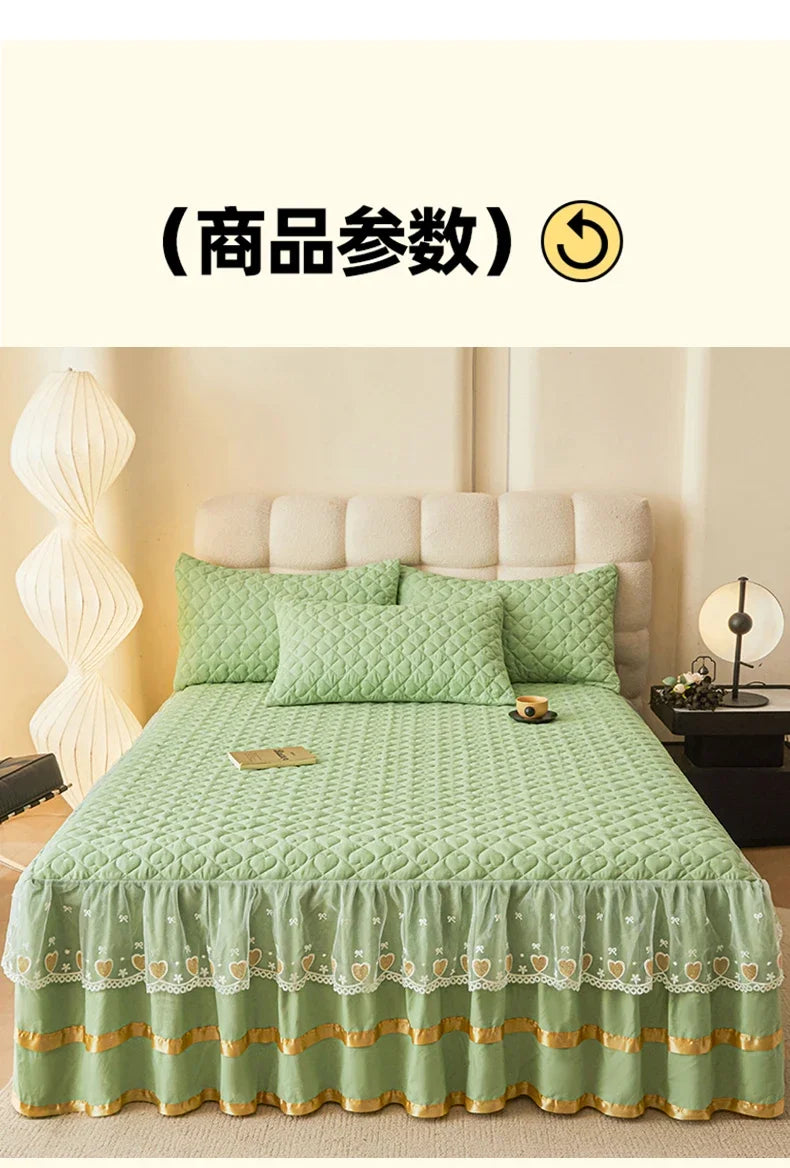 Cloud Cotton Embroidered Lace Bed Skirt - Quilted Padded Princess Bedspread