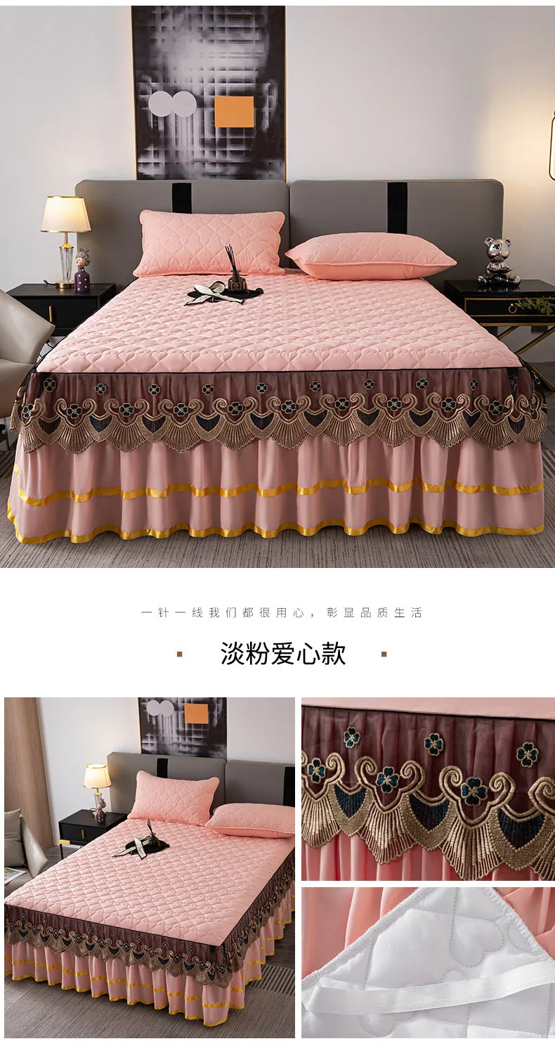 Gold Embroidered Lace Bed Skirt - Quilted Thick Anti-Slip Bedspread