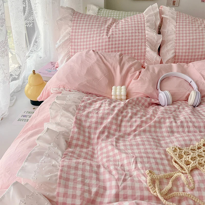 Pink Plaid Ruffle Bedding Set - Comfortable All-Season Duvet Cover