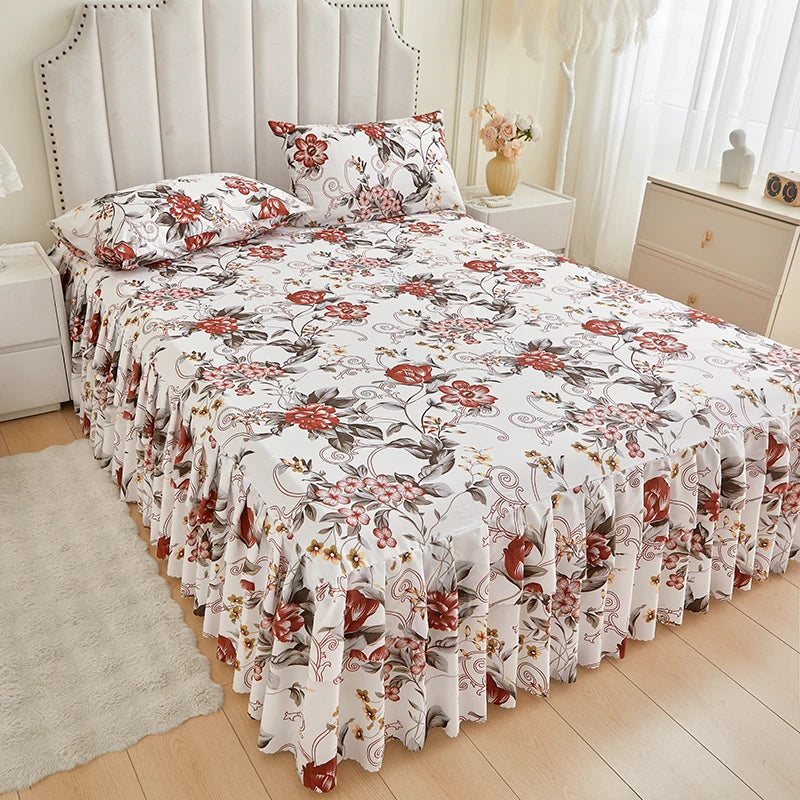 Floral Ruffle Bed Skirt Set - Soft Bedspread with Matching Pillowcases