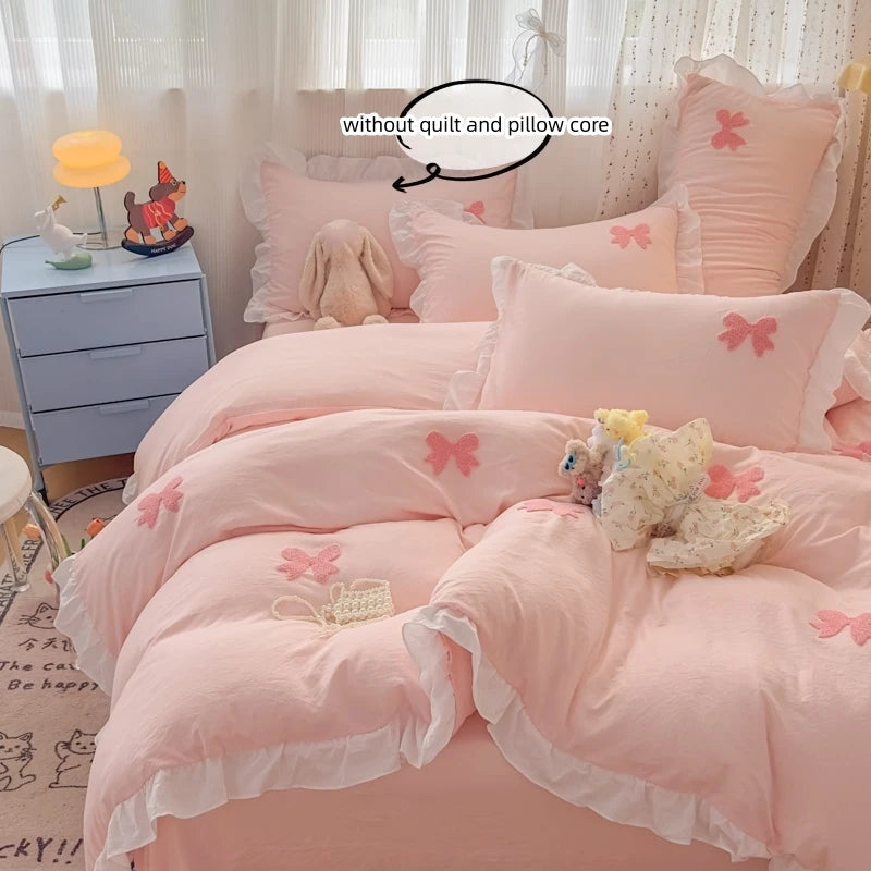 Pink Bowknot Embroidery Bedding Set - Premium Soft Twill Quilt Set