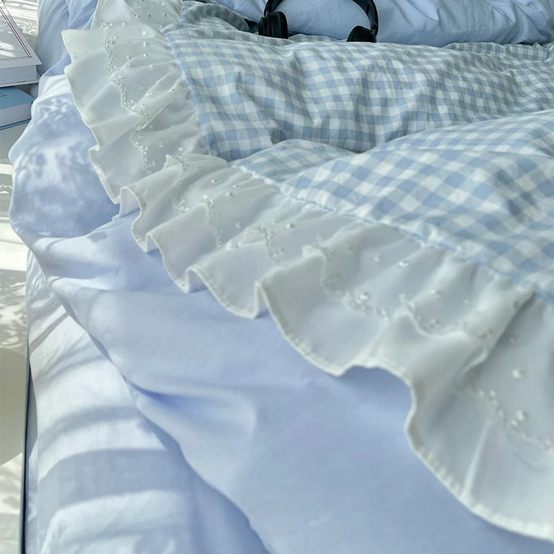 Pink Plaid Ruffle Bedding Set - Comfortable All-Season Duvet Cover