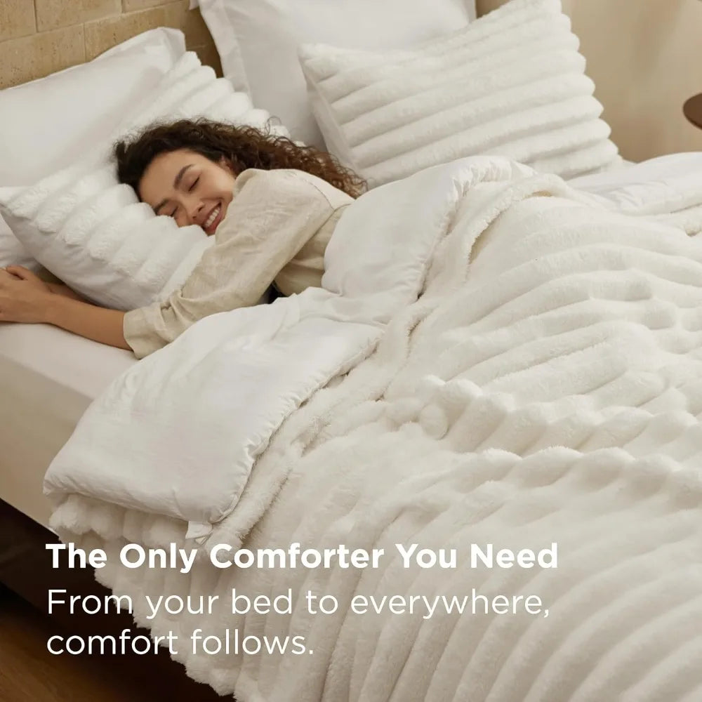 Gentlesoft 2-in-1 Queen Comforter Set and Detachable Fluffy Blanket, Cream White Bedding Set for All Season Use, SnapTec