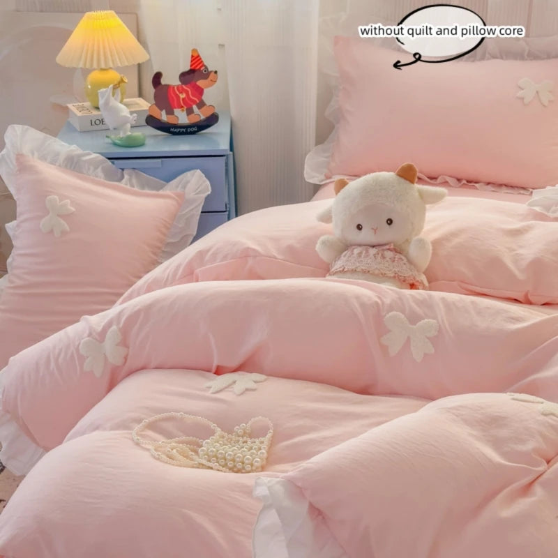 Pink Bowknot Embroidery Bedding Set - Premium Soft Twill Quilt Set
