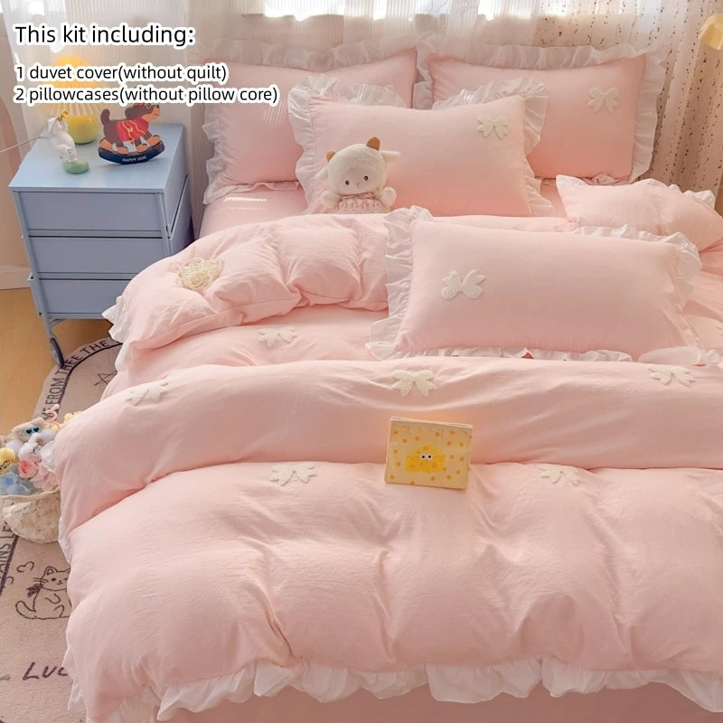 Pink Bowknot Embroidery Bedding Set - Premium Soft Twill Quilt Set