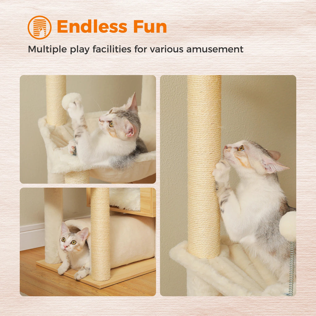 Height Adjustable Wooden Cat Tree with Large Hammock Sisal Scratching Posts Floor to Ceiling Cat Tower Cozy Cat Condo for Indoor