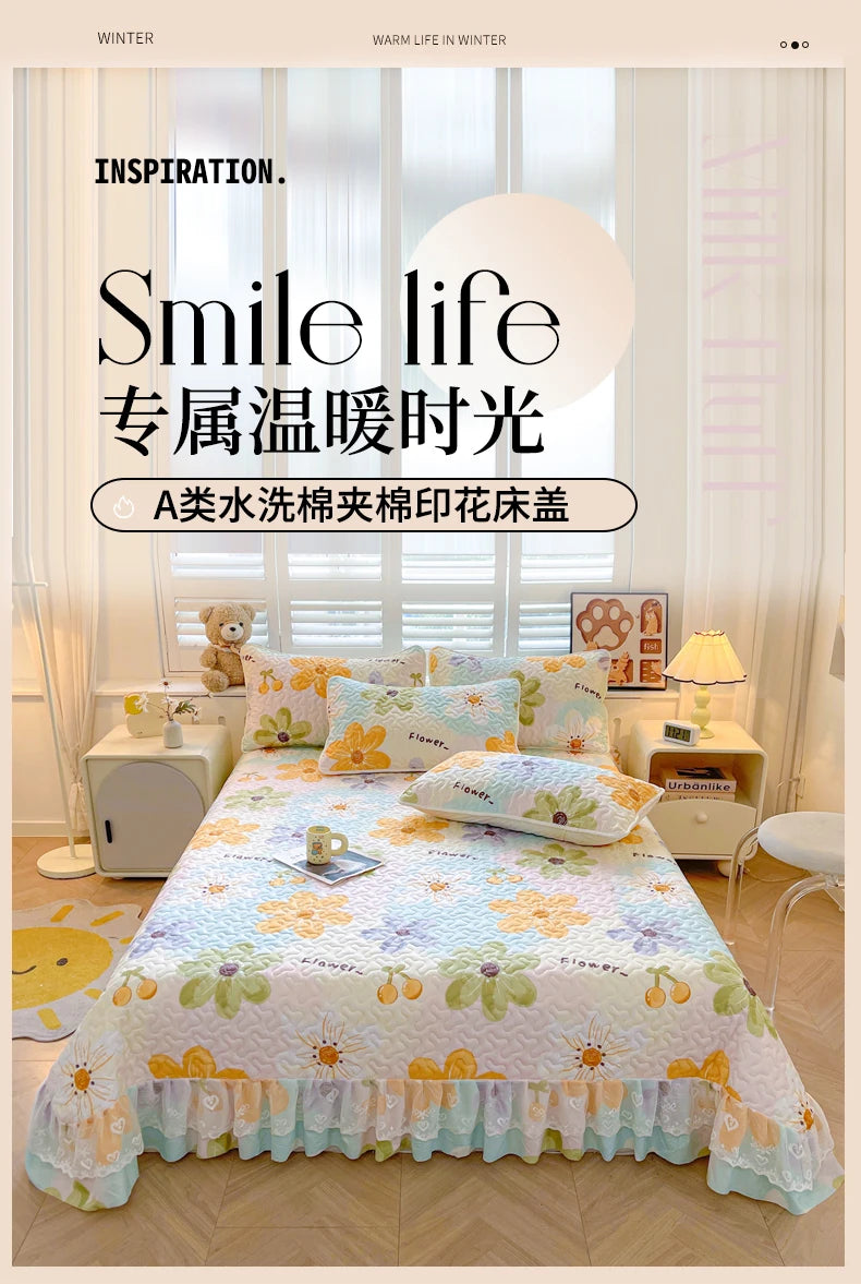 1pc Quilted Bedspread with Lace Ruffles Flower Printed Thickened Blanket Single/Queen/King Quilted Bed Cover Soft Bedspreads Bed