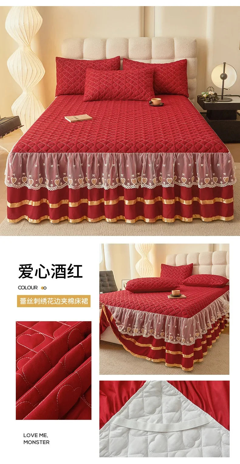 Cloud Cotton Embroidered Lace Bed Skirt - Quilted Padded Princess Bedspread